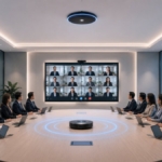 Desain smart meeting room profesional dengan Interactive Flat Panel, kamera konferensi 180 derajat, dan ceiling microphone untuk meningkatkan kolaborasi bisnis.