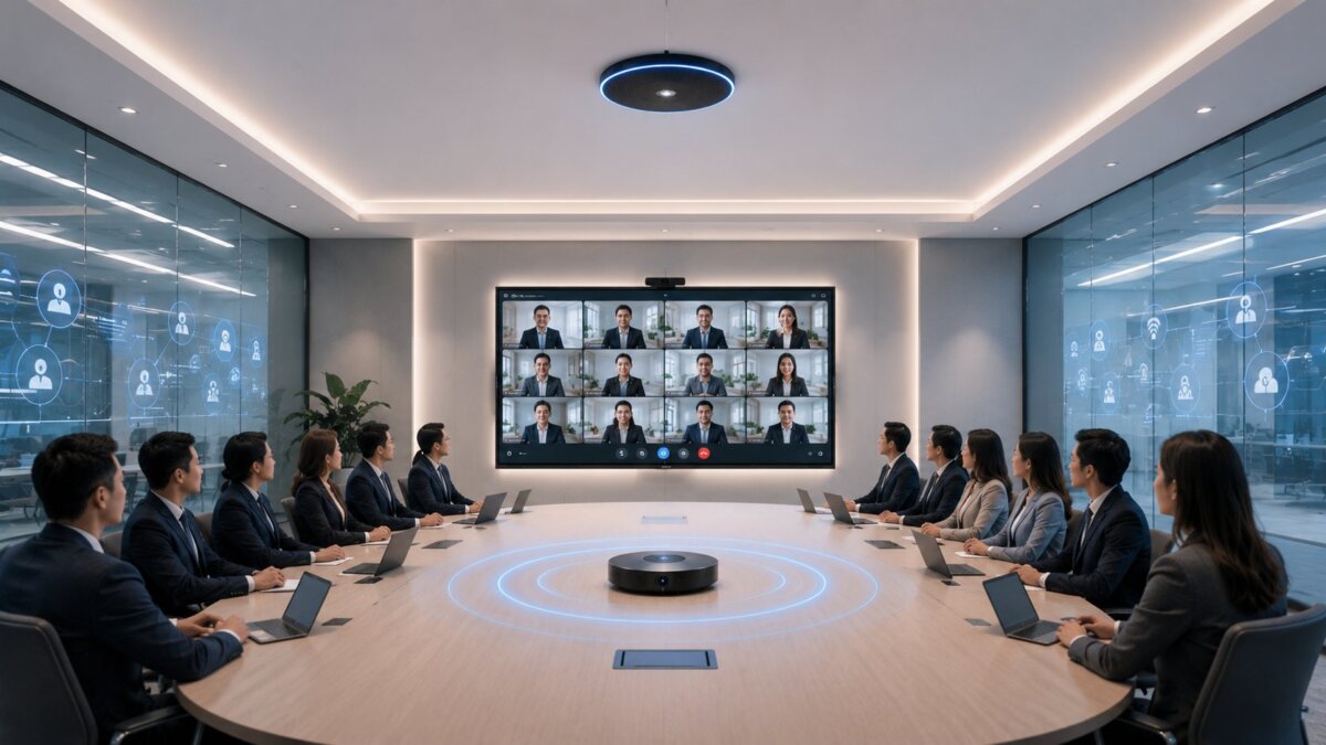 Desain smart meeting room profesional dengan Interactive Flat Panel, kamera konferensi 180 derajat, dan ceiling microphone untuk meningkatkan kolaborasi bisnis.