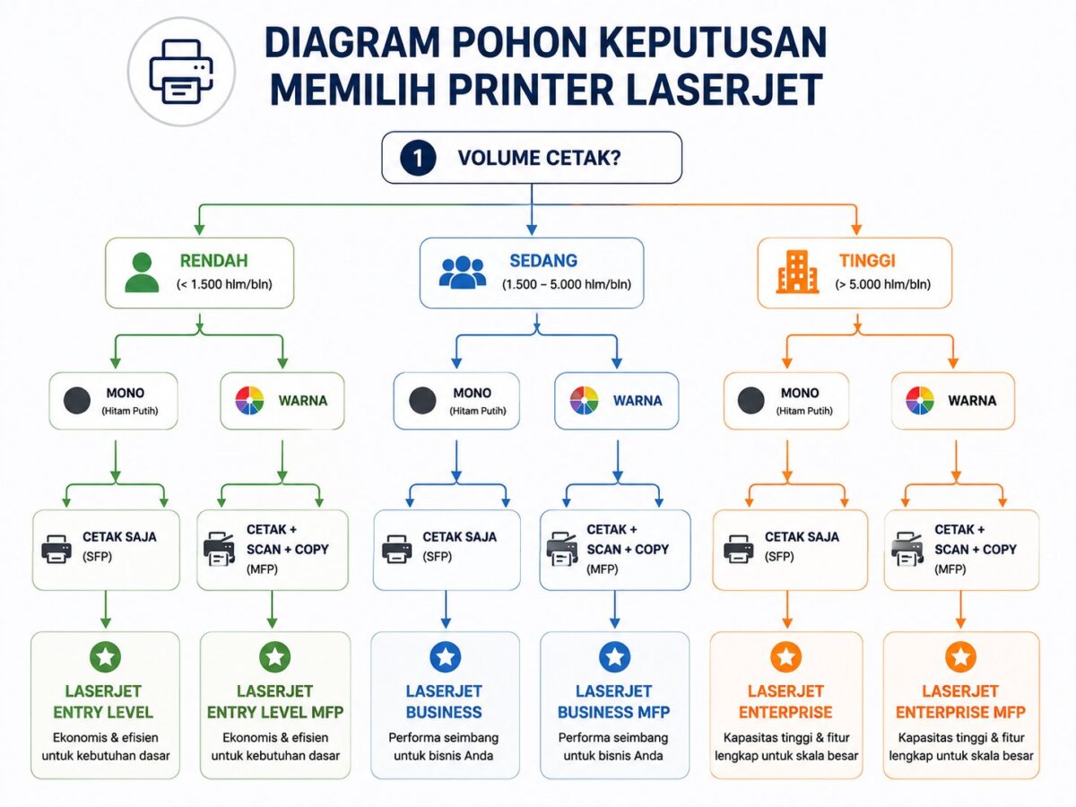 A decision tree for selecting a LaserJet printer based on print volume, color or monochrome needs, printer features, and recommendations for entry-level, business, and enterprise LaserJet models for modern offices.
