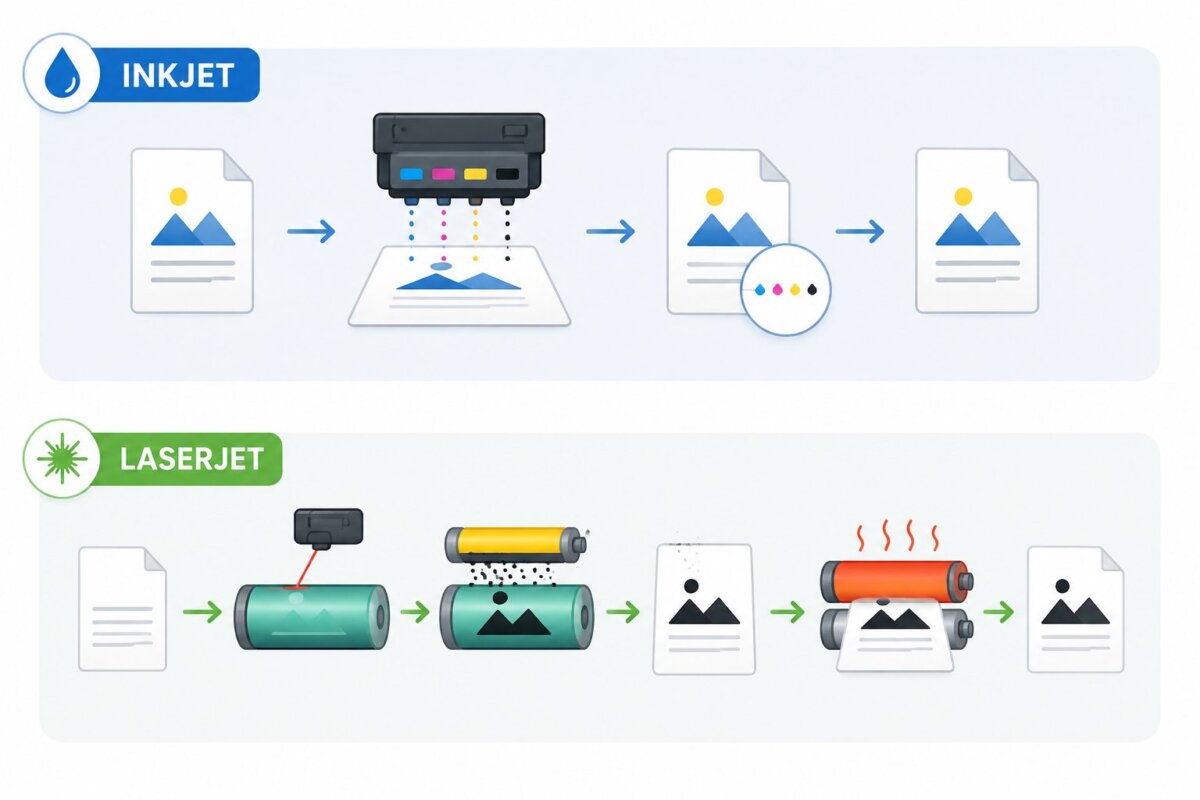 Infografis sederhana yang menjelaskan perbedaan cara kerja printer inkjet dan laserjet, mulai dari proses penyemprotan tinta pada print head hingga proses laser, toner, dan fuser pada printer laser.