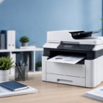 Printer multifungsi modern di atas meja kerja dalam kantor minimalis dengan dokumen, alat tulis, dan tanaman hias, menggambarkan solusi pencetakan yang efisien untuk kebutuhan UMKM