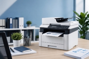 Printer multifungsi modern di atas meja kerja dalam kantor minimalis dengan dokumen, alat tulis, dan tanaman hias, menggambarkan solusi pencetakan yang efisien untuk kebutuhan UMKM