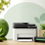 Printer multifungsi modern dengan kartrid toner bekas, kotak daur ulang berlogo recycle, tanaman hijau, dan elemen bumi yang melambangkan penggunaan printer ramah lingkungan serta praktik daur ulang toner untuk mendukung bisnis yang lebih berkelanjutan