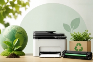 Printer multifungsi modern dengan kartrid toner bekas, kotak daur ulang berlogo recycle, tanaman hijau, dan elemen bumi yang melambangkan penggunaan printer ramah lingkungan serta praktik daur ulang toner untuk mendukung bisnis yang lebih berkelanjutan