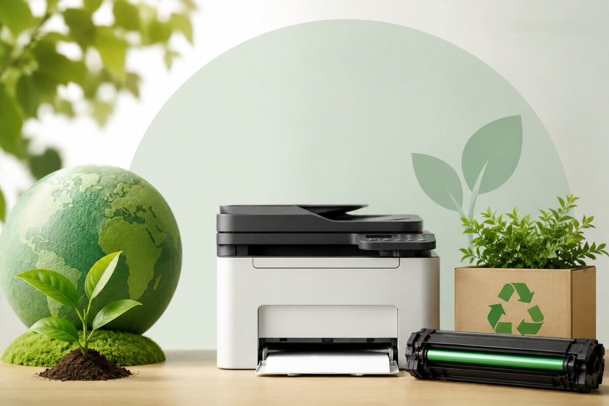 Printer multifungsi modern dengan kartrid toner bekas, kotak daur ulang berlogo recycle, tanaman hijau, dan elemen bumi yang melambangkan penggunaan printer ramah lingkungan serta praktik daur ulang toner untuk mendukung bisnis yang lebih berkelanjutan