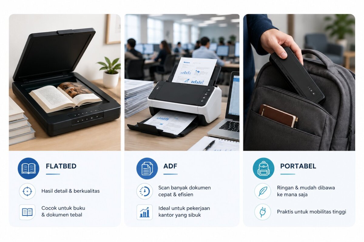Jenis scanner Flatbed, ADF, dan Portable yang menampilkan penggunaan masing-masing untuk memindai buku, dokumen kantor, dan kebutuhan mobilitas.