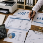 Ilustrasi perhitungan Total Cost of Ownership (TCO) printer menggunakan laporan biaya, kalkulator, dan printer untuk menganalisis efisiensi operasional bisnis.