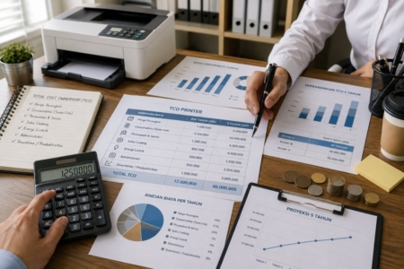 Ilustrasi perhitungan Total Cost of Ownership (TCO) printer menggunakan laporan biaya, kalkulator, dan printer untuk menganalisis efisiensi operasional bisnis.