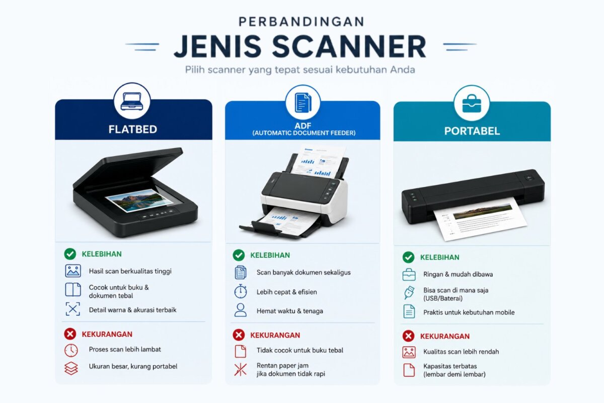 Perbandingan scanner Flatbed, ADF, dan Portable beserta kelebihan dan kekurangannya dalam tata letak tiga kolom