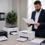 Seorang profesional berpakaian formal sedang memeriksa hasil cetak dokumen di ruang kerja modern dengan tiga printer desktop di atas meja. Latar belakang menampilkan rak arsip, tanaman hias, dan suasana kantor yang bersih, mencerminkan aktivitas evaluasi performa printer dan efisiensi proses pencetakan.