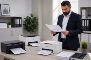 Seorang profesional berpakaian formal sedang memeriksa hasil cetak dokumen di ruang kerja modern dengan tiga printer desktop di atas meja. Latar belakang menampilkan rak arsip, tanaman hias, dan suasana kantor yang bersih, mencerminkan aktivitas evaluasi performa printer dan efisiensi proses pencetakan.