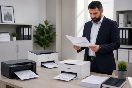 Seorang profesional berpakaian formal sedang memeriksa hasil cetak dokumen di ruang kerja modern dengan tiga printer desktop di atas meja. Latar belakang menampilkan rak arsip, tanaman hias, dan suasana kantor yang bersih, mencerminkan aktivitas evaluasi performa printer dan efisiensi proses pencetakan.