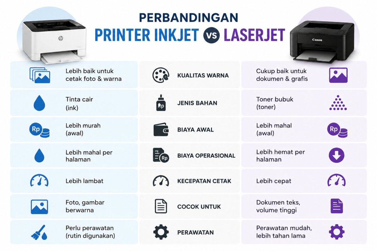 Infografis tabel perbandingan printer inkjet dan laserjet berdasarkan kualitas cetak, biaya, kecepatan, penggunaan, dan perawatan.