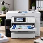 Printer LaserJet modern di atas meja kerja kantor minimalis untuk mendukung efisiensi kerja dan produktivitas bisnis