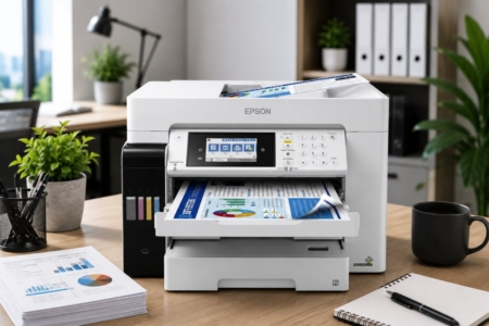 Printer LaserJet modern di atas meja kerja kantor minimalis untuk mendukung efisiensi kerja dan produktivitas bisnis