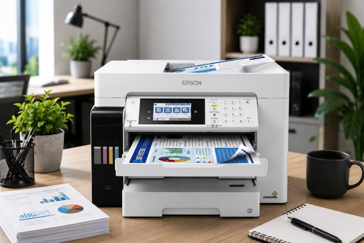 Printer LaserJet modern di atas meja kerja kantor minimalis untuk mendukung efisiensi kerja dan produktivitas bisnis
