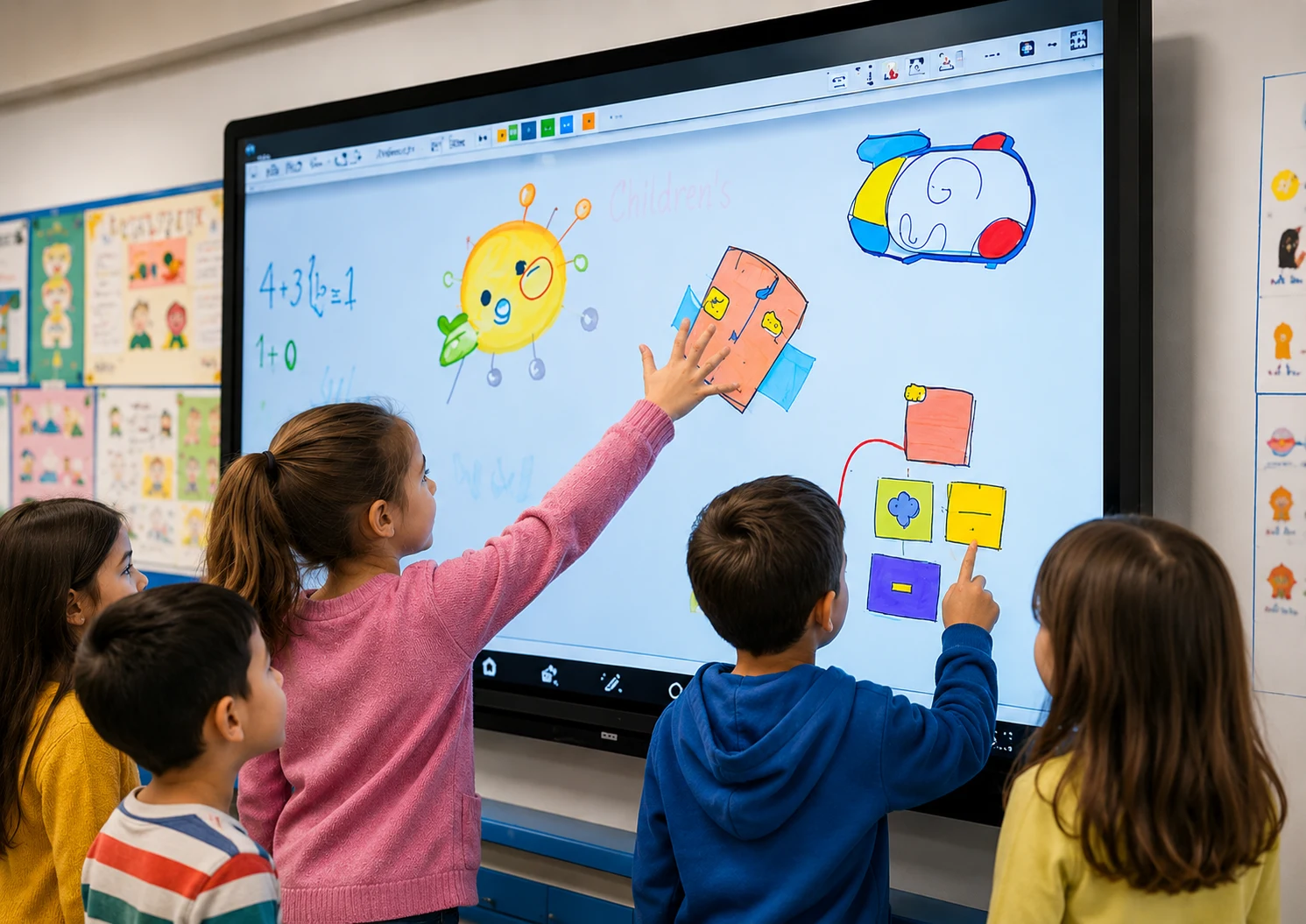 Murid Sedang Berinteraksi dengan Interactive Flat Panel di Ruang Kelas