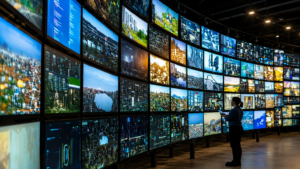 Video wall profesional di ruang kontrol bisnis yang menampilkan berbagai konten digital sebagai contoh penerapan teknologi video wall untuk monitoring dan pengambilan keputusan