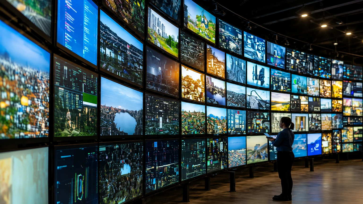 Video wall profesional di ruang kontrol bisnis yang menampilkan berbagai konten digital sebagai contoh penerapan teknologi video wall untuk monitoring dan pengambilan keputusan